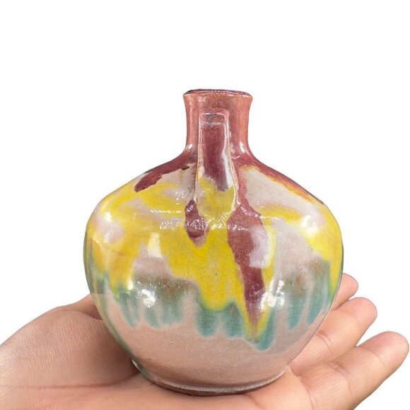 Mid Century Italian Art Pottery Vase Jug W Handle RedWare Multicolor Glaze VTG - Picture 12 of 15